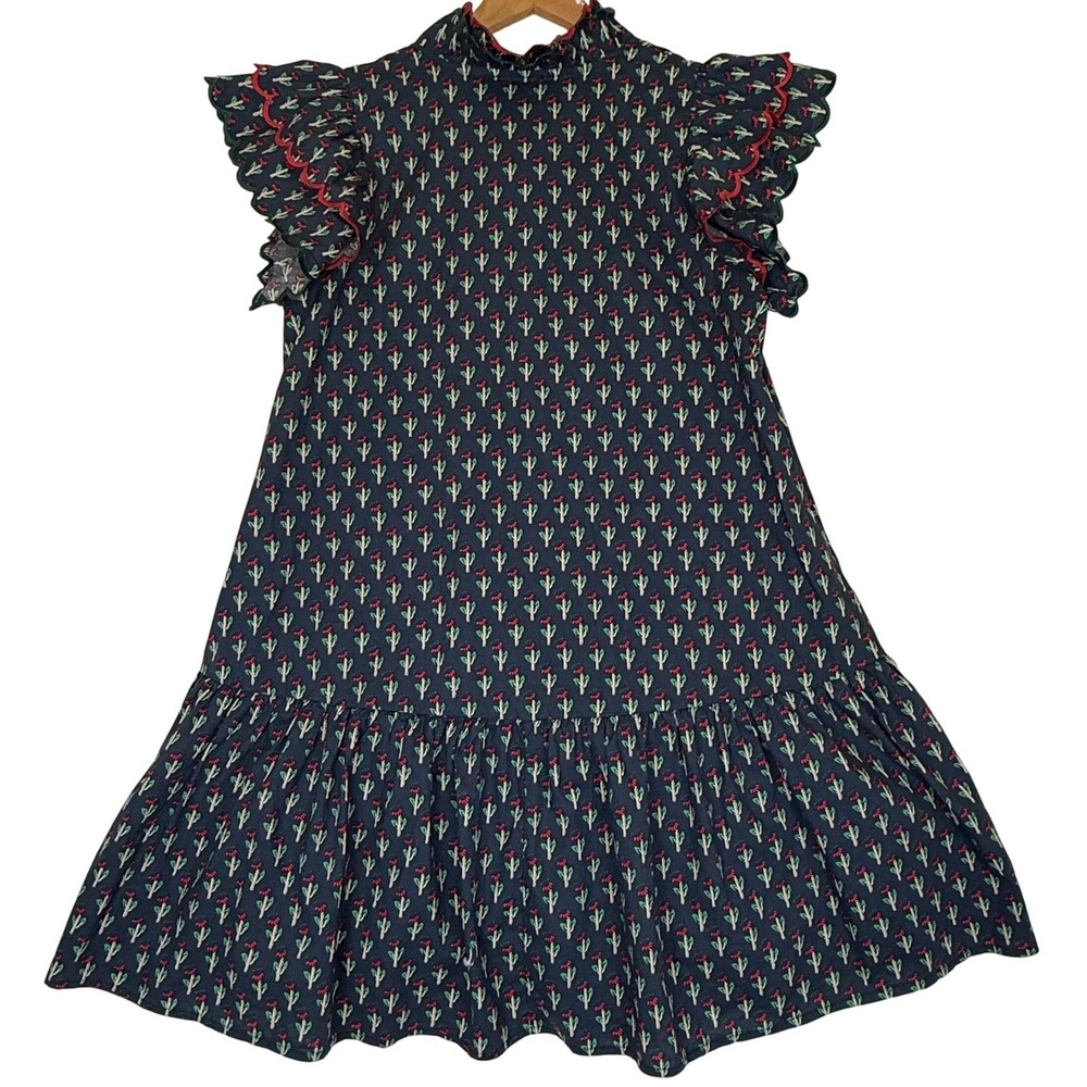 ENTRO Navy Blue Cactus Floral Flutter Sleeve Ruffle Tiered Mini Shift Dress Sz M - Picture 3 of 12